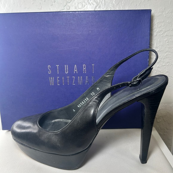 Stuart Weitzman Stilt Black Leather Slingback Platform Round Toe Heels Size 10 - Picture 1 of 10
